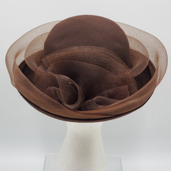 Chocolate Brown Wool Hat with Tulle Trim